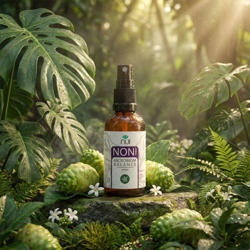 NUI-NONI-MICROBIOM-BALANCE-SPRAY-mit-Frucht-auf-Blatt
